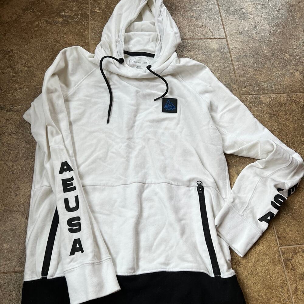 American Eagle White Black Trim Hoodie, Men's size S